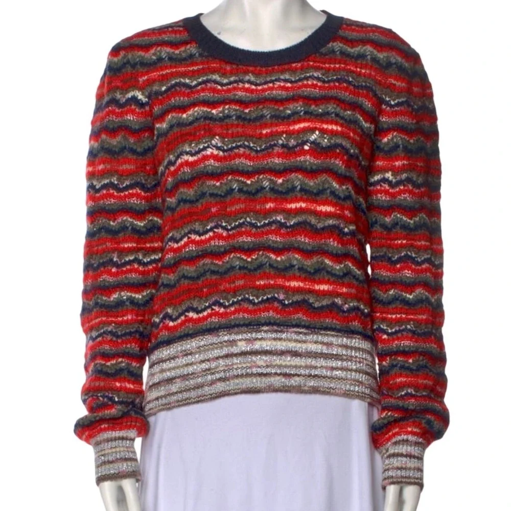 $298 TORY BURCH Lurex Stripe Knit Wool Blend Red Sweater Crew Neck Womens MEDIUM